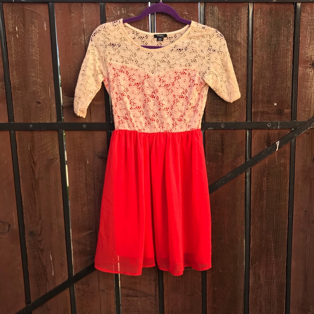 Cream Floral Embroidered Top Coral Red Dress
